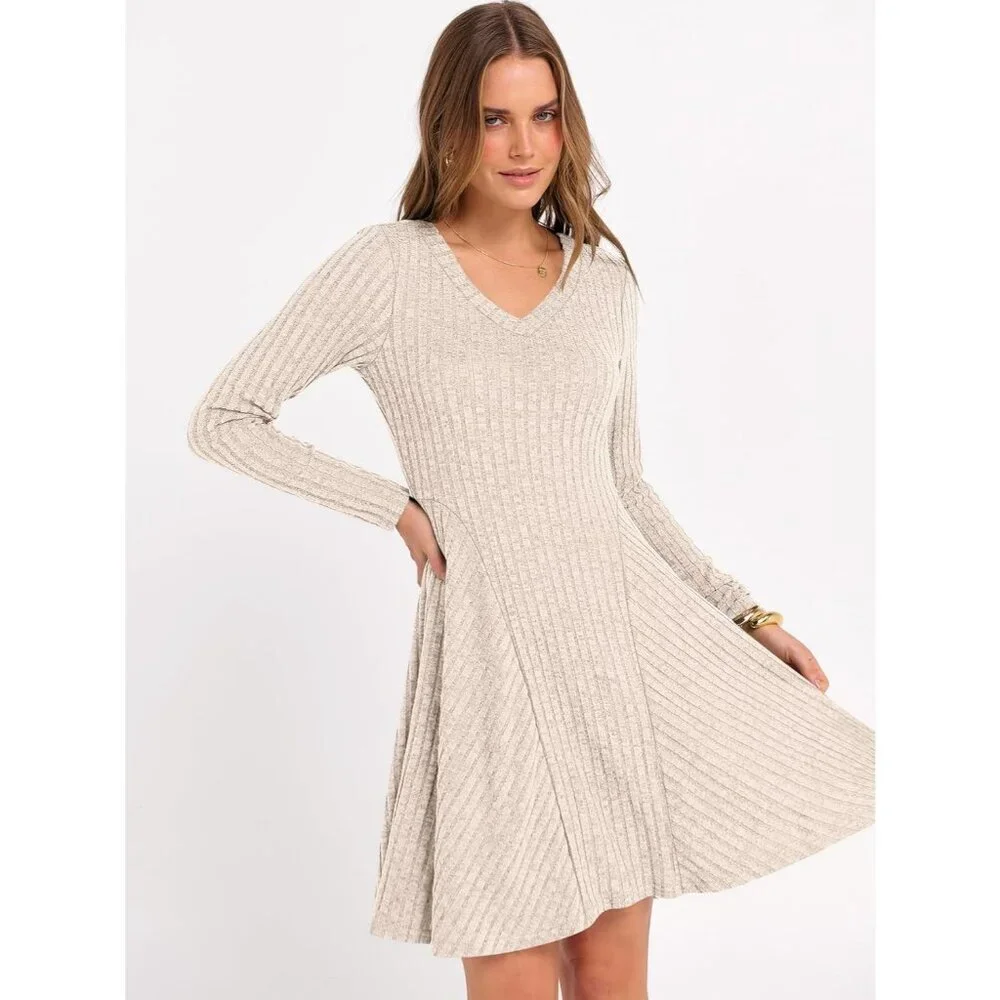 Women's Long Sleeve Ribbed Knit Short Dresses V Neck Swing Sweater Dress Beige - Picture 3 of 7